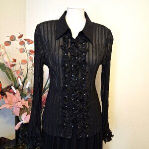 NWT Women's Simon Chang Black Long Sleeve Blouse Pleated Ruffle Top 14 L